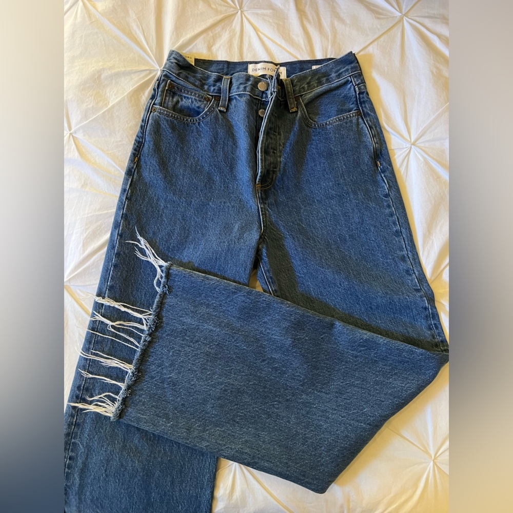 Denim Forum High Rise Blue Jeans with Distressed Detail
